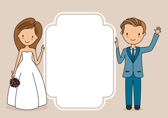 Wedding invitation card. Wedding couple with frame for text. Isolated vector