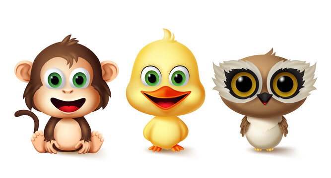 Animals character vector set. Monkey, duck and owl kids animal characters in cute smiling facial expression for pet collection design elements isolated in white background. Vector illustration 