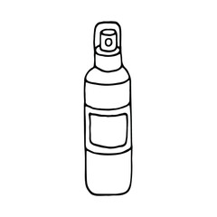 Simple vector doodle drawing in black outline on a white background. Hand disinfection, antiseptic spray in a bottle, cleansing, care, protection against germs. Sanitizer, medications.