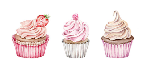 Hand drawn watercolor pink cupcakes collection isolated on white background
