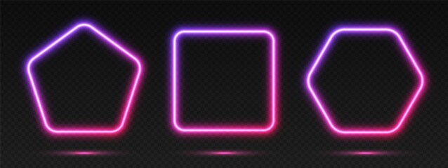 Neon gradient frames set, collection of purple-pink glowing borders isolated on a dark background. Colorful night banners, vector light effect. Pentagon, square, and hexagon, bright illuminated shapes