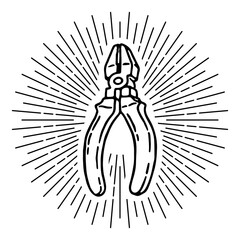 Hand drawn pliers icon with geometric diverging beams. Professional labor construction tool with black and white colors