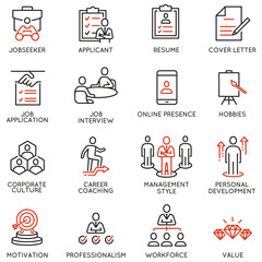 Vector Set of Linear Icons Related to Recruitment, Career Progress and Personal Development. Mono Line Pictograms and Infographics Design Elements