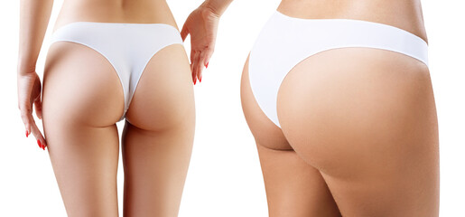 Collage of perfect female legs and buttocks from back and side view.