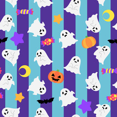 ハロウィンのシームレスパターン　ゴースト＆ストライプ