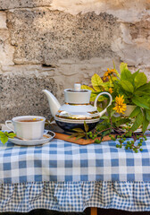 Book, autumn leaves flowers, tea cup on wooden bench with green wild grape branch. Warm herbal drink. White porcelain tea-set. Hot brewed natural beverages on fresh air. Cozy fall weekend breakfast.