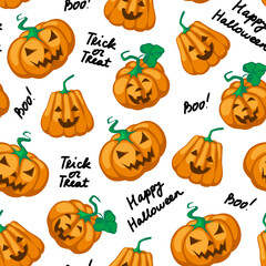 Halloween seamless pattern. Flat orange pumpkins with carved scary smiling faces and black lettering. Happy Halloween Boo Trick or Treat. Stock vector illustration isolated on white background.