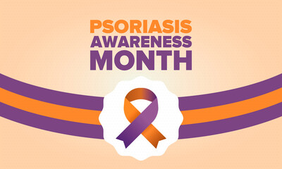 Psoriasis Awareness Month in August. Educate, inform, prevention in United States. Dermatology, skin body problems. Health care. Orchid and Orange ribbon. Poster, card, banner and background. Vector