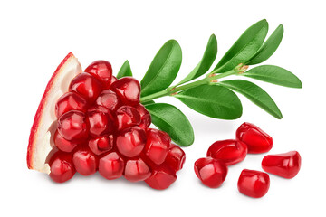 Pomegranate piece with leaf isolated on white background with clipping path and full depth of field.