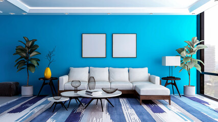 Modern and luxury blue living room interior background with blank photo frame for mock up, 3D Rendering