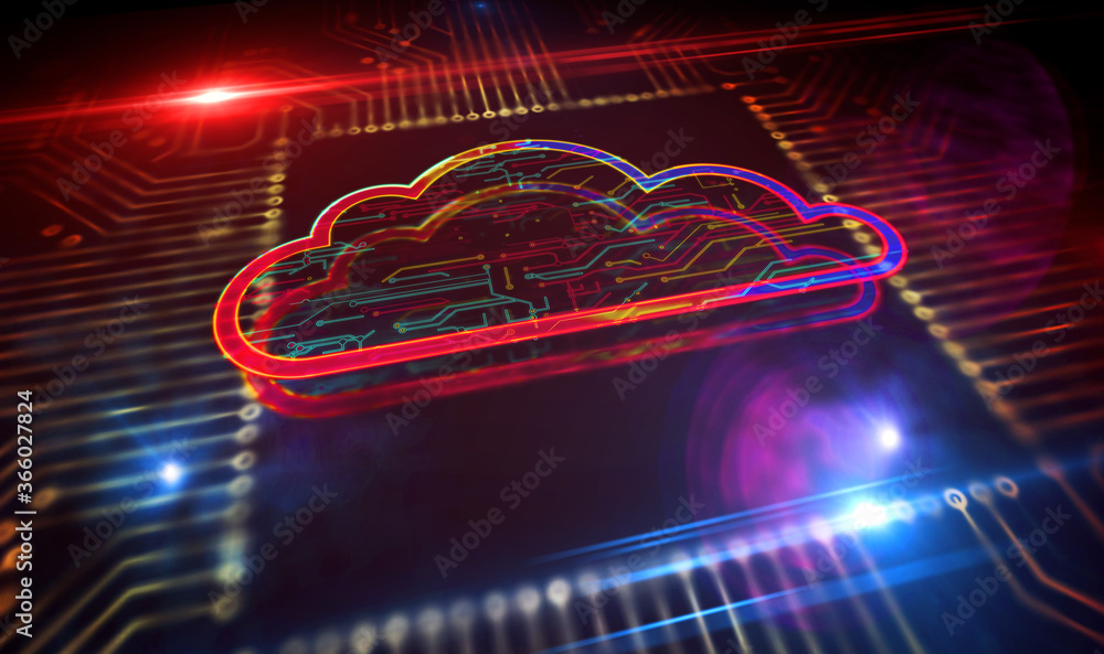 Wall mural processor factory with laser burning of cyber computing cloud symbol illustration