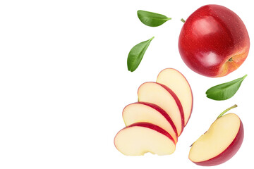 Red apple with slices isolated on white background. Top view. Flat lay with copy space for your text