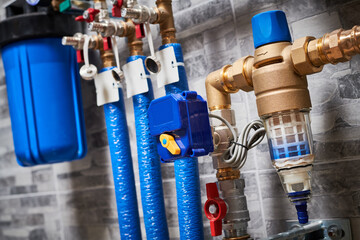 Plumbing service. pipeline with filtraters and leakage protecting equipmentin boiler room