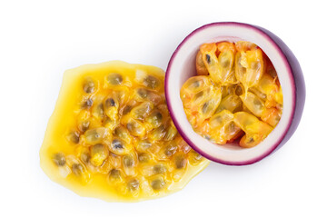 passion fruits half isolated on white background. maracuya with clipping path. Top view. Flat lay