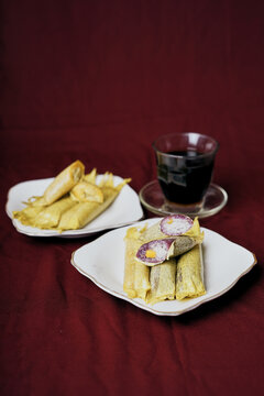 Sweet Timpan Aceh cakes served with a cup of coffee, Indonesian Traditional Food