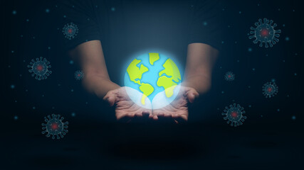 The black-shirted man who used the hand to support the world that was attacked by an epidemic. With a graph of stocks that are falling heavily and twinkling in the background