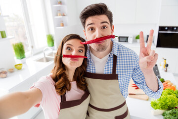 Two people dream comic humor joking couple lovers have fake mustache red hot chilli pepper make selfie show v-sign enjoy healthy weekend lifestyle prepare nutrition in kitchen house indoors