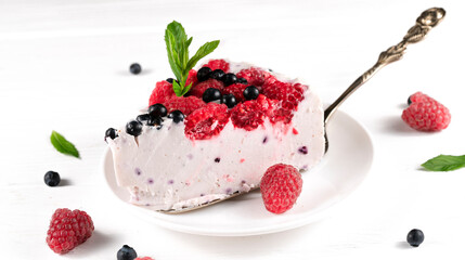 Cheesecake assortment with blueberry and mint.