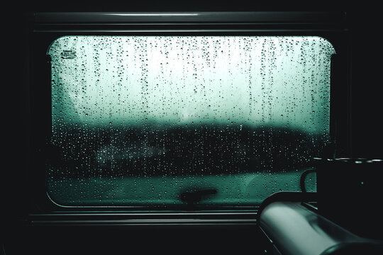 Bilck auf ein Fenster bei Regen im Campervan mit 2 Tassen im Vordergrund.