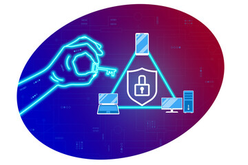 Network and cyber security, data protection. Cyber neon hand opens a digital lock with a key