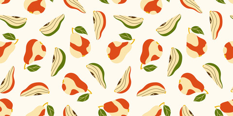 Fototapeta na wymiar Beige-red pears with green leaves. Wholes and pieces. Bright color illustration with fruits. Seamless pattern for design, printed products, textiles. Autumn and summer motives.