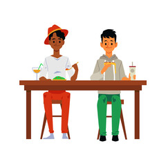 Two people eating foot together at the table - cartoon men at lunch