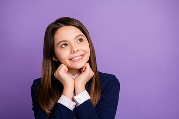 Close-up portrait of her she nice lovely cheerful brainy long-haired girl thinking creating clue strategy dilemma making decision isolated bright vivid shine vibrant lilac violet color background