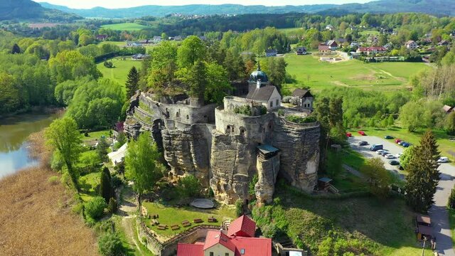 Aerial view of Sloup Castle in Northern Bohemia, Czechia. Sloup rock castle in the small town of Sloup v Cechach, in the Liberec Region, north Bohemia, Czech Republic.