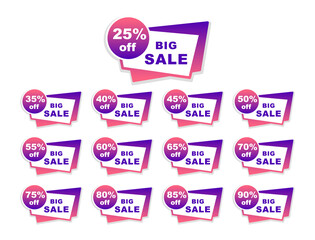 Collection big sale tags. Percentage discount. Vector badges template. Label for sale