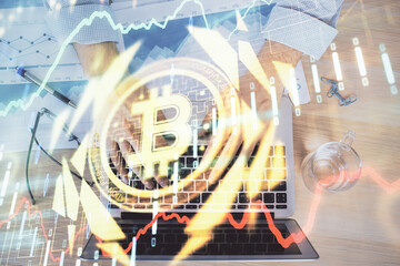 Blockchain theme hud with man working on computer on background. Concept of crypto chain. Double...