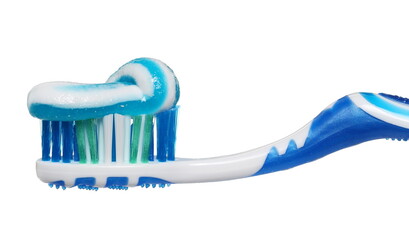 Blue toothbrush with toothpaste isolated on white background with clipping path