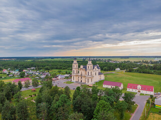 The view of Catholic church in Budslav, Belarus. Drone aerial photo
