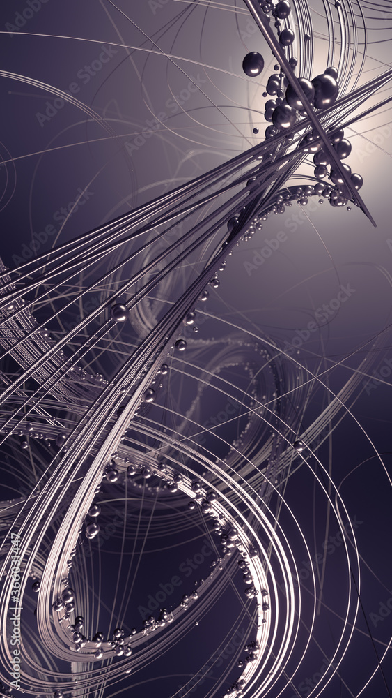 Poster weave luxury silver lines with shiny beads. astract composition. 3d rendering