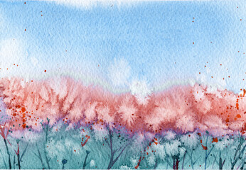 field with dandelions, stems. watercolor background. summer. drops of spray, splashes of water. blue sky.