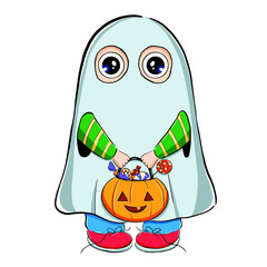 Vector illustration of cute cartoon boy in halloween ghost costume with candies isolated on white background