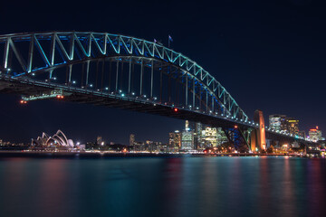 Sydney harbour bridge illuminated in blue at night