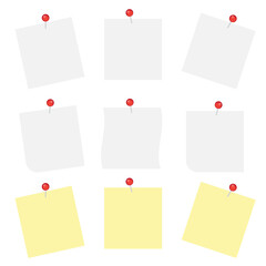 White note papers with thumbtacks vector icons. Blank paper notices