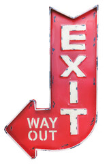 Vintage weathered outdoor red metal exit / way out sign isolated on white