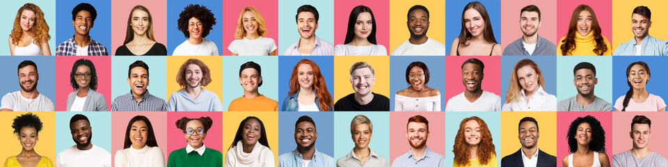 Fototapeta na wymiar Collage Of Cheerful Mixed Millennials Portraits On Colorful Backgrounds, Panorama