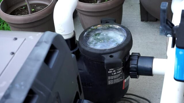 Pool pump running on high setting for jets, fountains, and other water features while vacuuming the pool