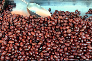 Greece, Athens, July 18 2020 - Stall with Kalamata or Kalamon olives at street market.