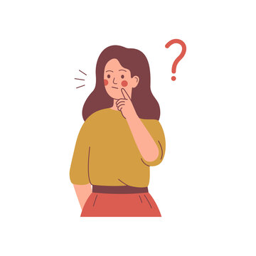 Young girl doubts and has a question. woman in casual clothes surrounded by a question mark. Flat cartoon vector illustration.