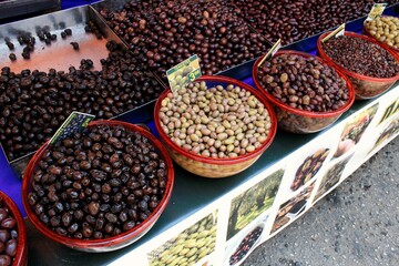 Greece, Athens, July 18 2020 - Stall with olives at street market.