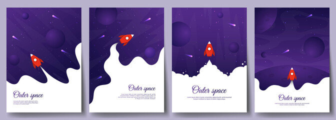 Fototapeta Vector illustration in abstract flat style. Minimalistic color space. Space exploration concept. A4 posters with copy space for text. Set of violet backgrounds. Creative dark wallpaper. Modern design obraz