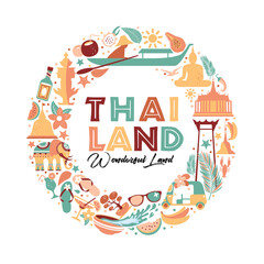 Collection of Thailand symbols in wreath. Vector poster. Postcard in trend color. Travel illustration. Web banner of travel in circle composition.