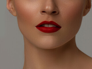 Closeup plump Lips. Lip Care, Fillers. Macro photo with Face detail. Natural shape with perfect contour. Close-up perfect red lip makeup beautiful female mouth. Plump sexy full red lips