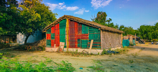 Bright red and green house on the farm 