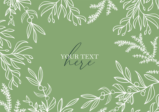 Greenery Border, Leaf Frame And Laurel Wreath With Berries. Elegant Floral Background. Promotion Square Web Banner For Social Media Mobile Apps. Editable Template For Social Networks Posts. Outline.