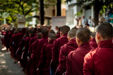 Back view of a row of young monks wearing red robes in Mandalay, Myanmar