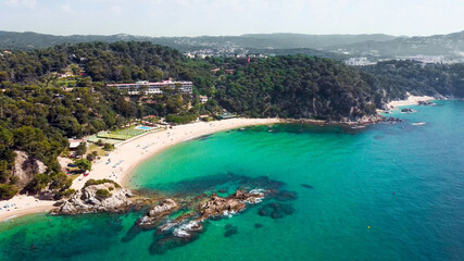 Beautiful aerial view of mediterranean beach and resort Cala Santa Cristina, Blanes, Costa Brava, Spain